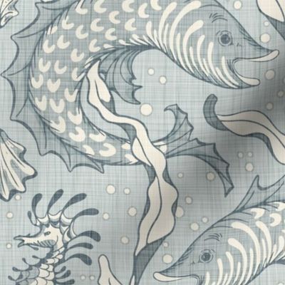 Beaux Arts Sea Life - Large - Linen Texture - Aqua - Coastal Wallpaper