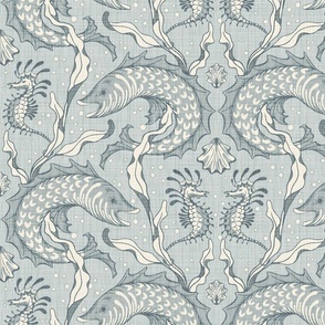 Beaux Arts Sea Life - Large - Linen Texture - Aqua - Coastal Wallpaper