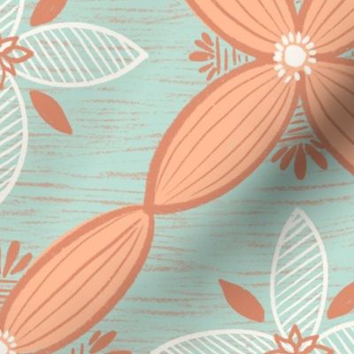 Large/ Soft and neutral peach and teal green simple geometric floral design