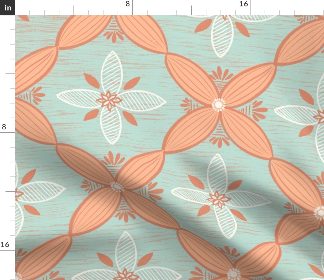 Large/ Soft and neutral peach and teal green simple geometric floral design