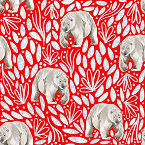 Large - Polar Bears and Ice Crystals - Red Background - Winter Bears