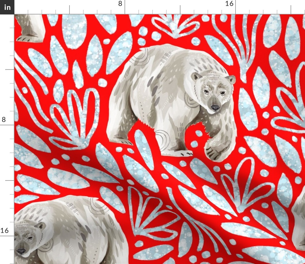 Large - Polar Bears and Ice Crystals - Red Background - Winter Bears
