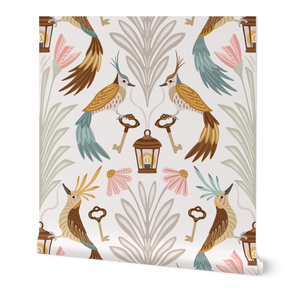 Welcoming bird damask - long-tailed exotic birds on keys and streetlamps