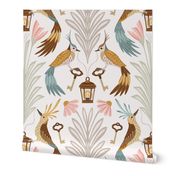 Welcoming bird damask - long-tailed exotic birds on keys and streetlamps