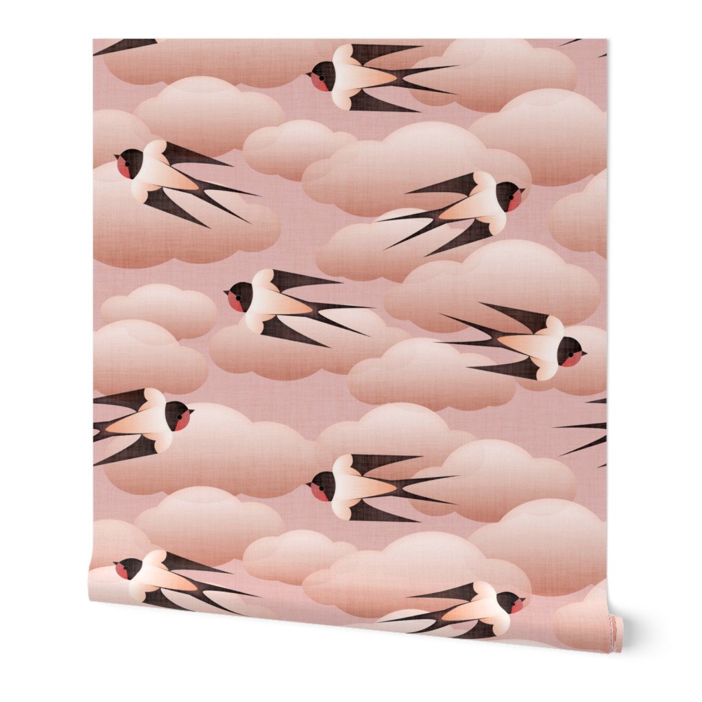 swallows in a cloudy blush sky