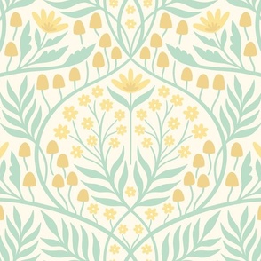 Botanical Damask | Large Scale | Buttercup yellow & mint floral