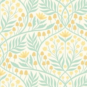 Botanical Damask | Regular Scale | Buttercup yellow & mint floral