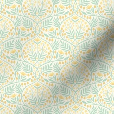 Botanical Damask | Small Scale | Buttercup yellow & mint floral