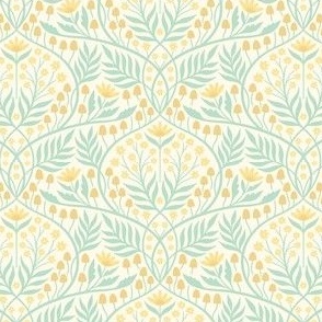 Botanical Damask | Small Scale | Buttercup yellow & mint floral