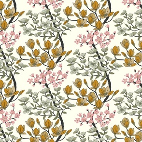 Arboretum- Welcome Spring- Dogwood Cherry Blossom Magnolia- Sage Green Pink Yellow on Ivory- Regular Scale