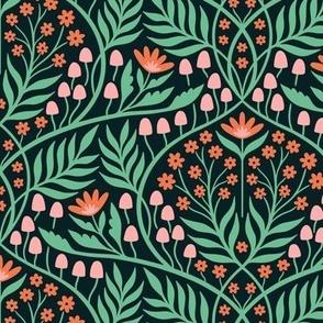 Botanical Damask | Regular Scale | Bold Green, Red-orange & Pink Floral