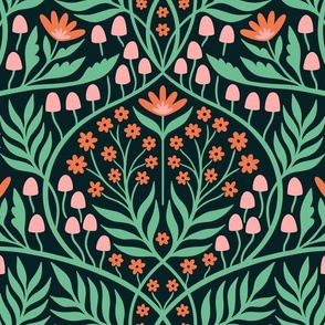 L | Botanical Damask | Bold Green, Red-orange & Pink Floral