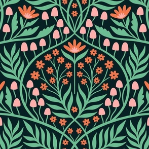 Botanical Damask | Large Scale | Bold Green, Red-orange & Pink Floral