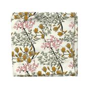 Arboretum- Welcome Spring- Dogwood Cherry Blossom Magnolia- Sage Green Pink Yellow on Ivory- Large Scale