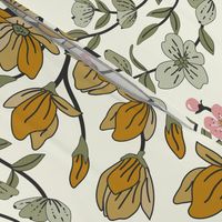 Arboretum- Welcome Spring- Dogwood Cherry Blossom Magnolia- Sage Green Pink Yellow on Ivory- Large Scale