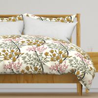 Arboretum- Welcome Spring- Dogwood Cherry Blossom Magnolia- Sage Green Pink Yellow on Ivory- Large Scale