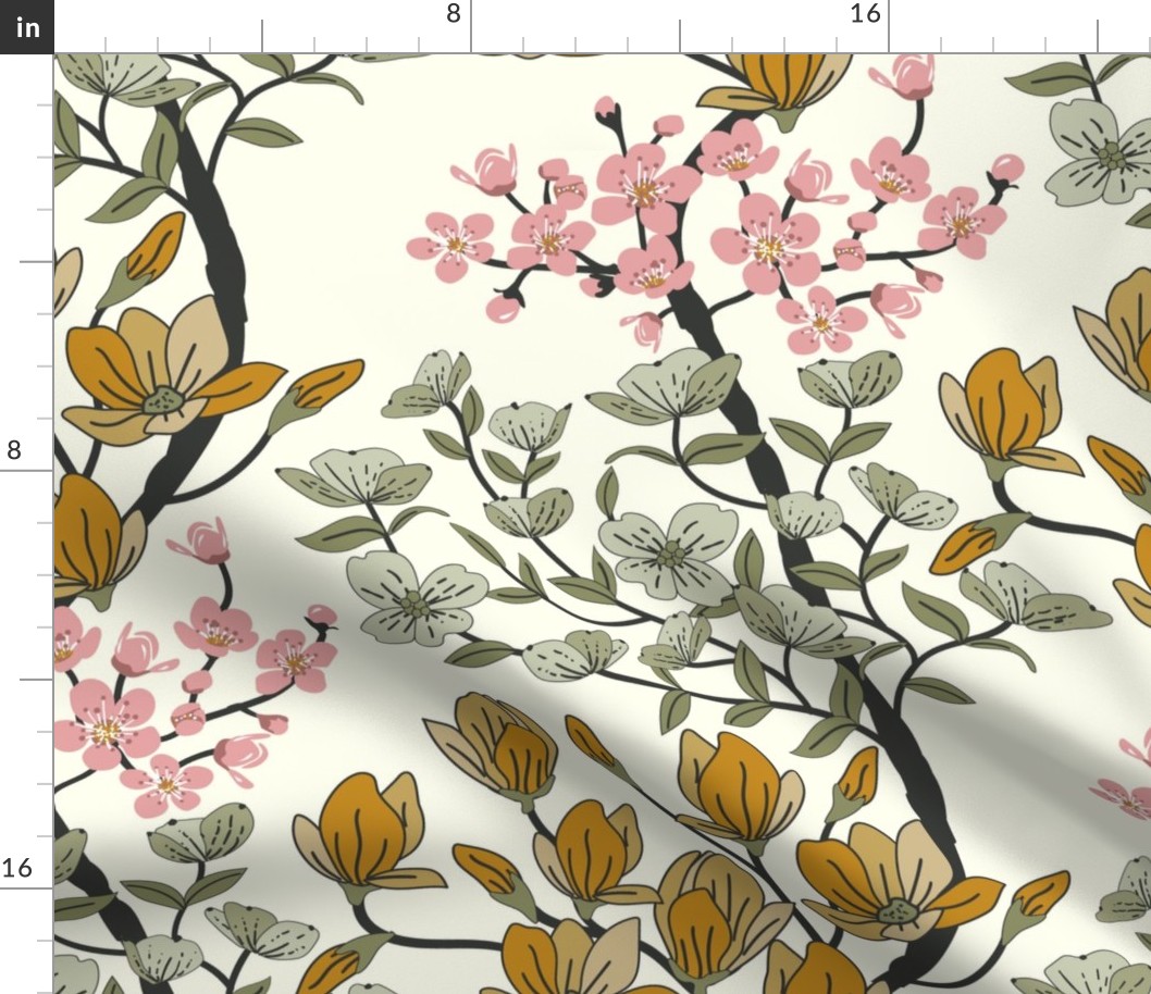 Arboretum- Welcome Spring- Dogwood Cherry Blossom Magnolia- Sage Green Pink Yellow on Ivory- Large Scale