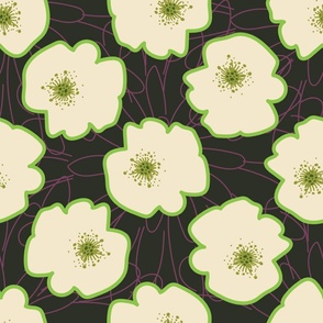cream and green floral dot on black