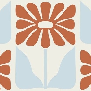 Retro Block Print Floral Wallpaper in Rust and Light Blue