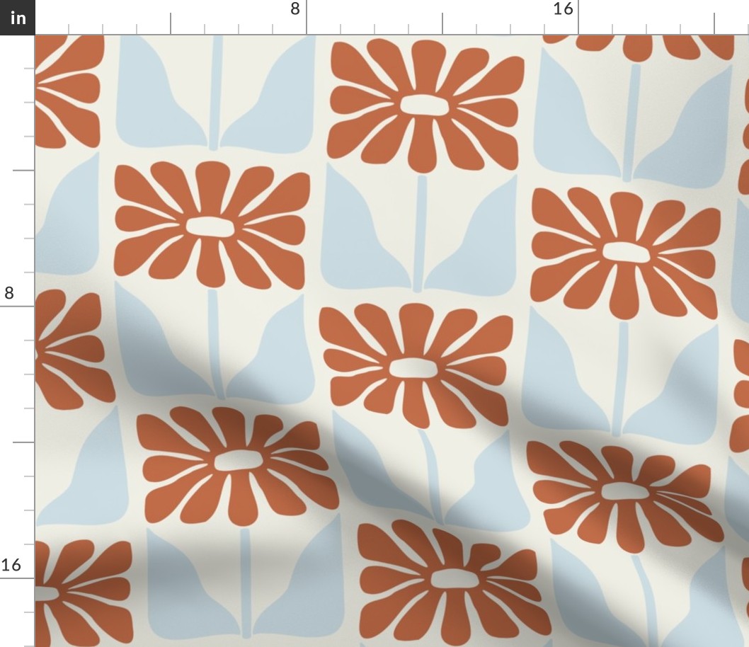 Retro Block Print Floral Wallpaper in Rust and Light Blue