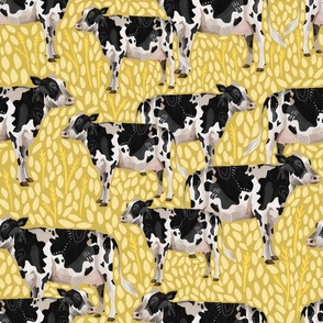 Large / Cows Cows Cows and Wheat / Faded Gold Background