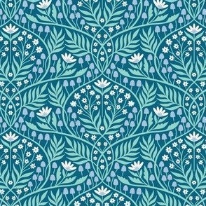 Botanical Damask | Small Scale | Blue Aqua Cornflower & Ivory Floral