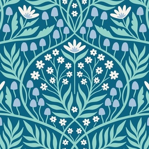 Botanical Damask | Large Scale | Blue Aqua Cornflower & Ivory Floral
