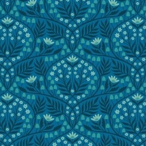 Botanical Damask | Small Scale | Blue & Teal Jewel Tones Floral