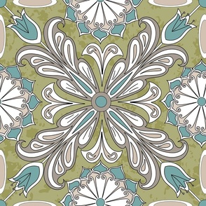 traditional floral tile in cream, teal and green