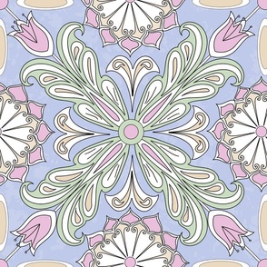 traditional floral tile in lavender, green and periwinkle