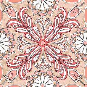 hand drawn traditional floral tile pattern in peach palette