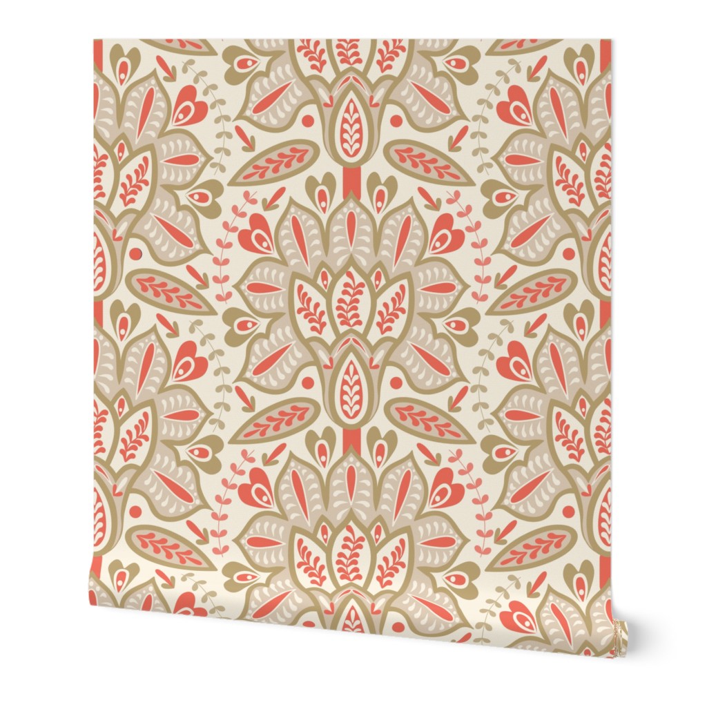 Indian Florals - Historic style for Entryway wallpaper - coral ivory green