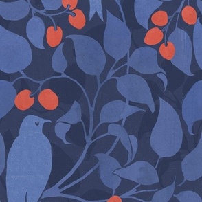 Blue Birds And Red Cherries On Navy Blue