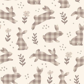 Honey Bunny Neutral Gingham Easter Rabbits, Beige Brown, 8in 