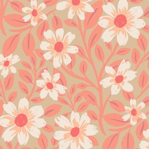 Subtle Boho Daisy Garden Floral Wallpaper in Pink, Beige, and Peach