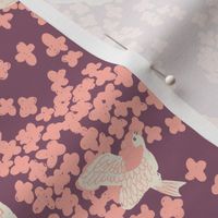 White birds and flowers | Small version | Modern, Vintage flying bird print in pink and purple 