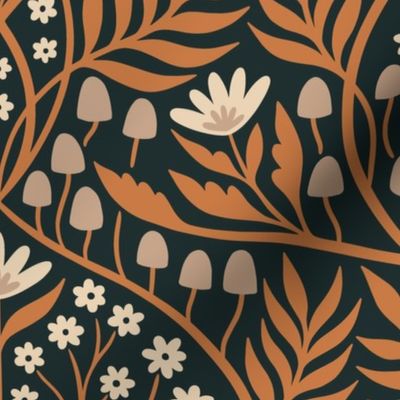 Botanical Damask | Large Scale | Autumnal Orange Taupe Brown & Midnight Floral