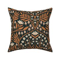 Botanical Damask | Large Scale | Autumnal Orange Taupe Brown & Midnight Floral