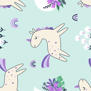 Unicorn Dance (purple and mint) Unicorns Rainbows Flowers, Girls Bedding Blanket Decor, large scale A ROTATED