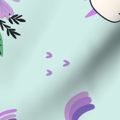 Unicorn Dance (purple and mint) Unicorns Rainbows Flowers, Girls Bedding Blanket Decor, large scale B ROTATED