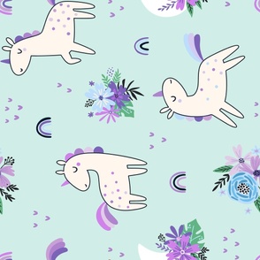 Unicorn Dance (purple and mint) Unicorns Rainbows Flowers, Girls Bedding Blanket Decor, large scale B ROTATED