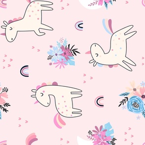 Unicorn Dance (pink) Unicorns Rainbows Flowers, Girls Bedding Blanket Decor, large scale B ROTATED