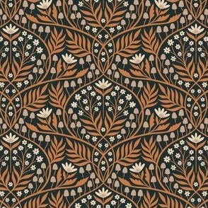 Botanical Damask | Small Scale | Autumnal Orange Taupe Brown & Midnight Floral