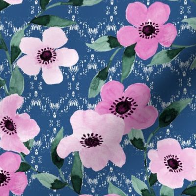 Watercolor Vines and Anemones in Shades of Medium Raspberry on Aegean Blue