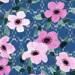 Watercolor Vines and Anemones in Shades of Medium Raspberry on Aegean Blue