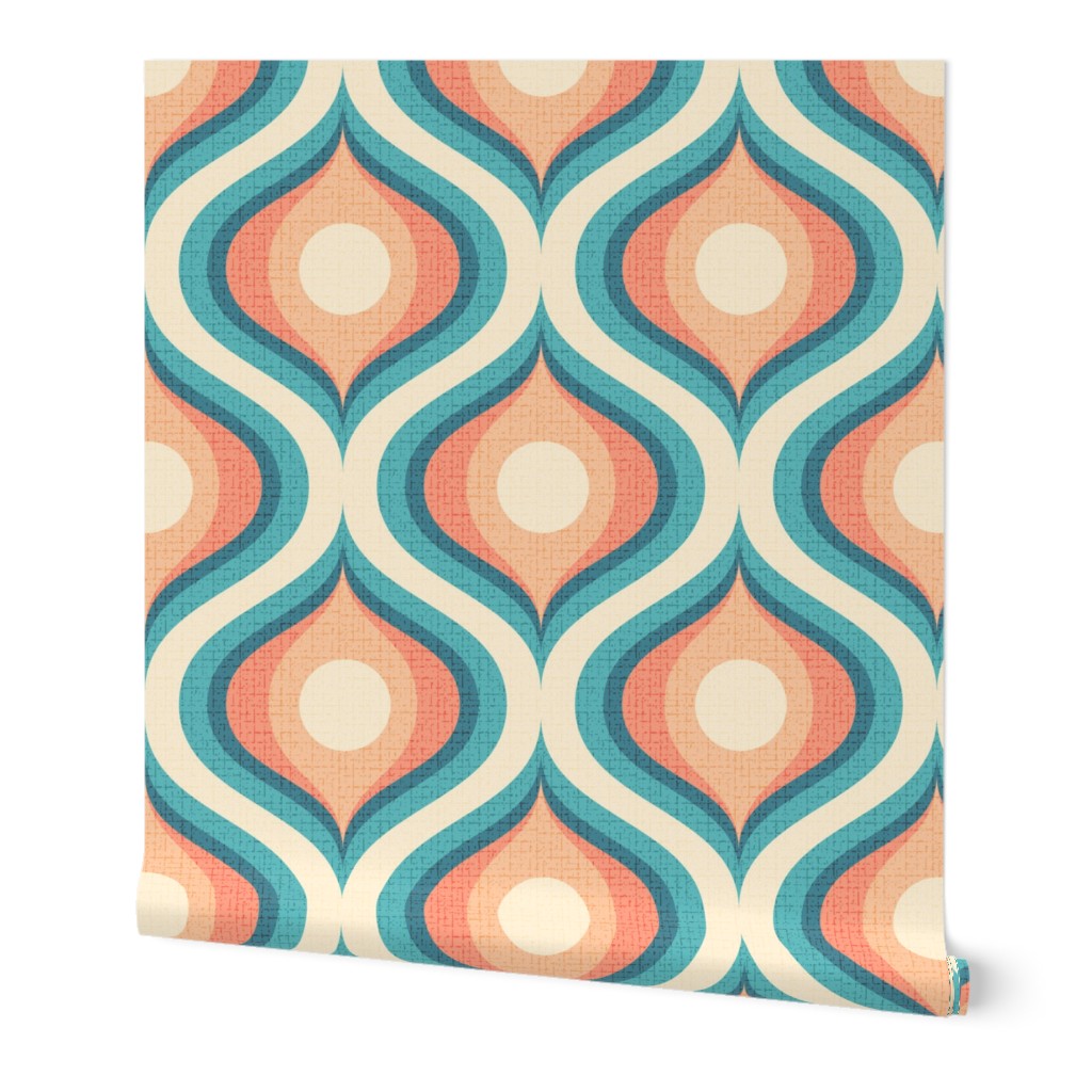 Groovy swirl wallpaper retro teal vintage coral by Pippa Shaw