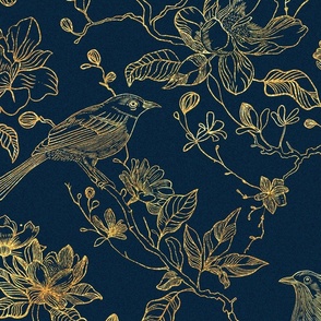 Golden Birds and Magnolia chinoiserie brocade spun gold seamless entryway wallpaper pattern.