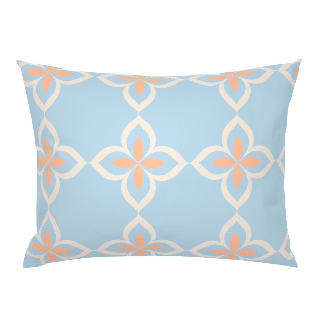 Wall Paper Edition: Quatrefoil Flower in Peach and Cream on Blue