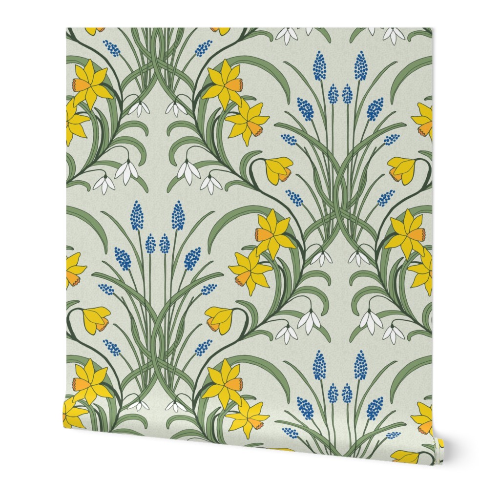 Art Nouveau daffodils, snowdrops and grape hyacinths in spring colours for welcoming walls