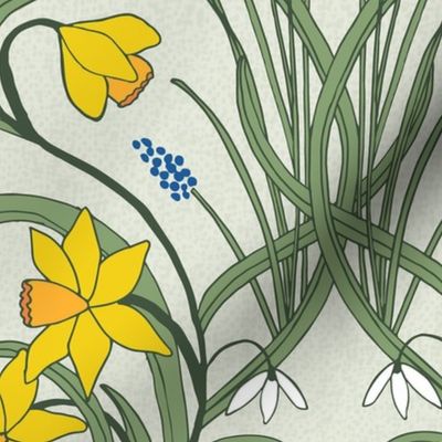 Art Nouveau daffodils, snowdrops and grape hyacinths in spring colours for welcoming walls